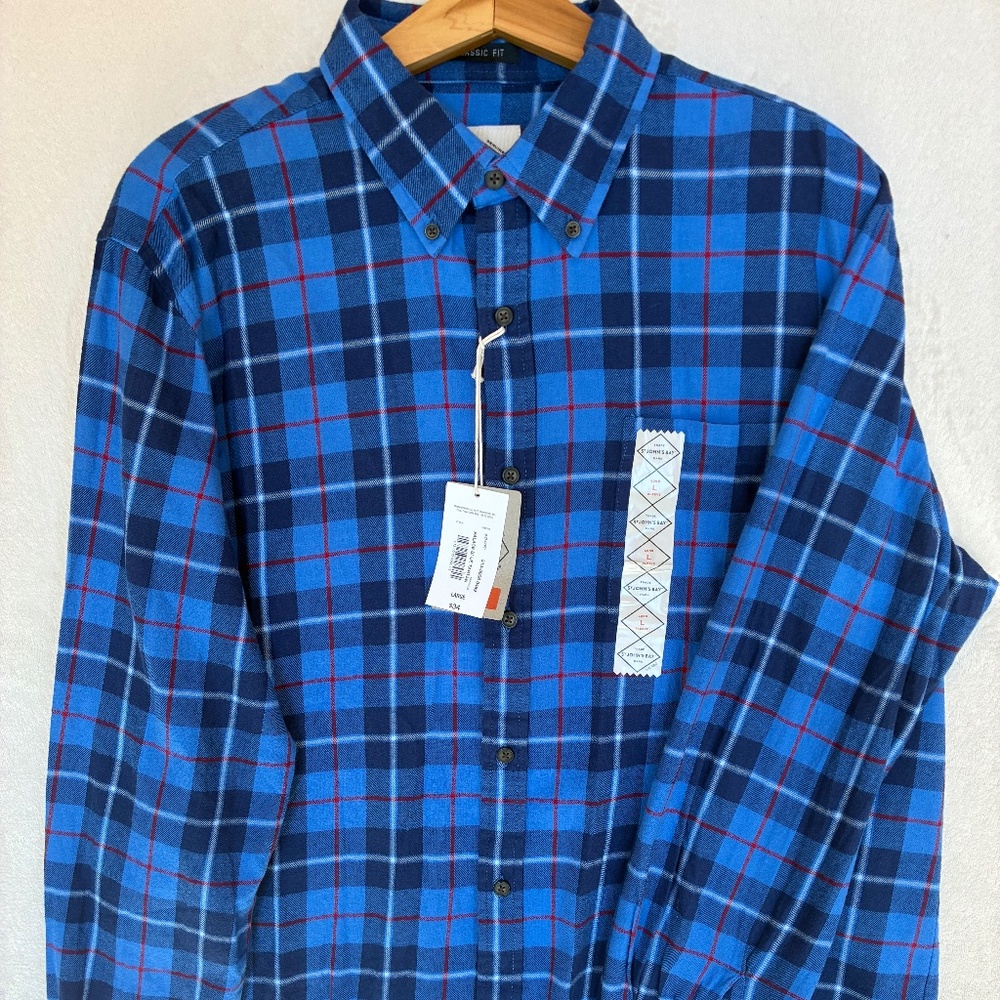 NWT Eclectic Grandpa Blue Fisherman Plaid Flannel Shirt St John"s Bay Size L